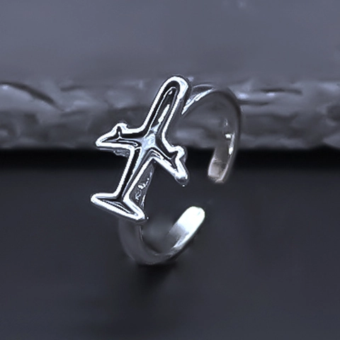 Minimalist Alloy Airplane Open Ring For Women Men Creative Adjustable Silver Color Black Drip Oil Plane Fashion Finger Jewelry