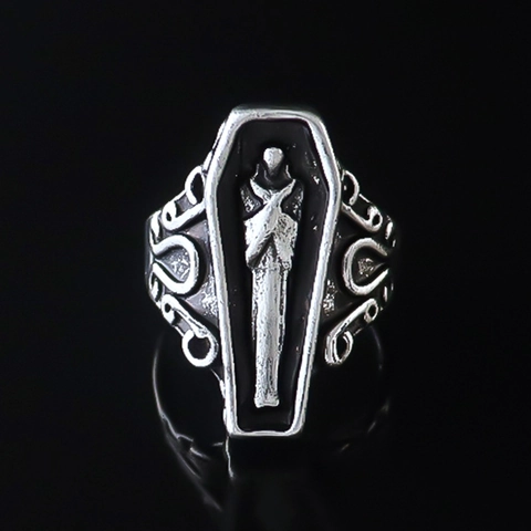Gothic Punk Doodskist Ring Voor Heren Dames Vintage Schedel Mummie Skelet Reliëf Open Verstelbaar Legering Hiphop Retro Sieraden