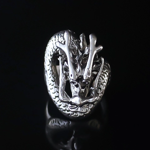 Vintage Gothic Punk Dragon Open Ring For Men Adjustable Silver Color Alloy Animal Zodiac Mythical Creature Finger Ring Jewelry