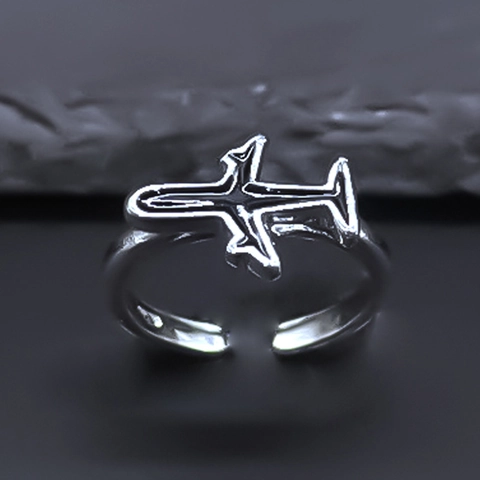 Minimalist Alloy Airplane Open Ring For Women Men Creative Adjustable Silver Color Black Drip Oil Plane Fashion Finger Jewelry