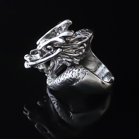Vintage Gothic Punk Dragon Open Ring For Men Adjustable Silver Color Alloy Animal Zodiac Mythical Creature Finger Ring Jewelry