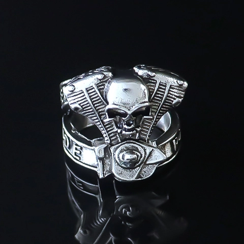 Vintage Punk Totenkopf Motor Offener Ring Für Herren Silber Legierung Biker Mechanischer Stil Verstellbarer Fingerring