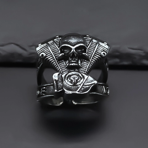 Vintage Punk Totenkopf Motor Offener Ring Für Herren Silber Legierung Biker Mechanischer Stil Verstellbarer Fingerring