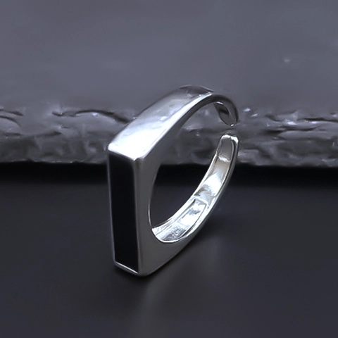 Minimalist Alloy Geometric Rectangle Open Ring Adjustable Silver Color Black Drip Oil Finger Jewelry For Unisex Couple