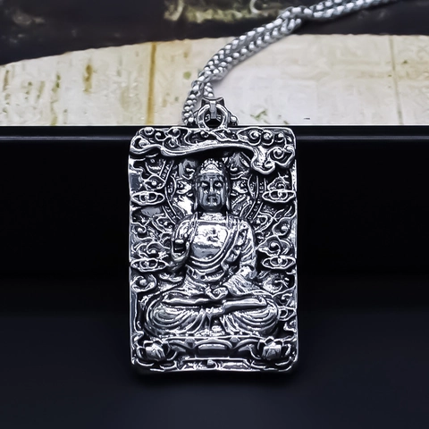 Collana con Ciondolo in Rilievo di Buddha in Lega Argento per Uomo Donna Gioielli con Catena a Scatola Quadrata Religiosa
