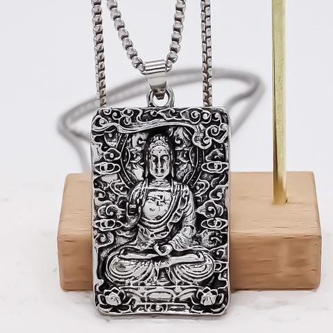 Collana con Ciondolo in Rilievo di Buddha in Lega Argento per Uomo Donna Gioielli con Catena a Scatola Quadrata Religiosa