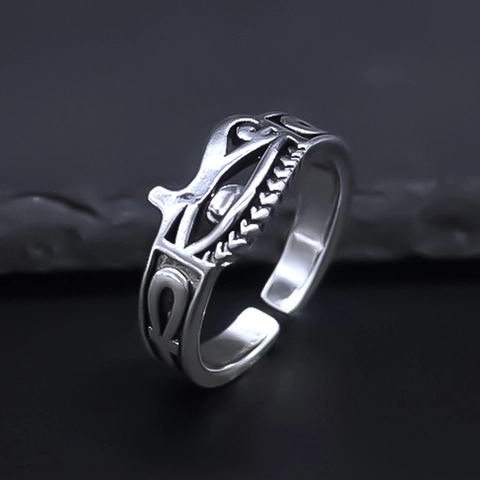 Retro Ancient Egyptian Eye Of Horus Ankh Totem Adjustable Open Ring Alloy Silver Plated Punk Gothic Finger Jewelry Gift