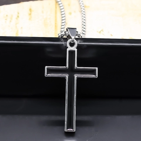 Minimalist Alloy Cross Pendant Necklace For Men Women Unisex Black Silver Color Punk Street Style Jewelry Neck Chain