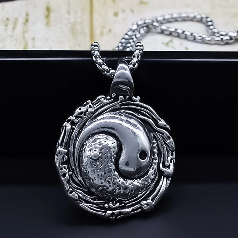 Vintage Legering Tai Chi Yin Yang Hanger Halsketting Chinese Stijl Zilver Reliëf Rond Boxketting Voor Heren Dames