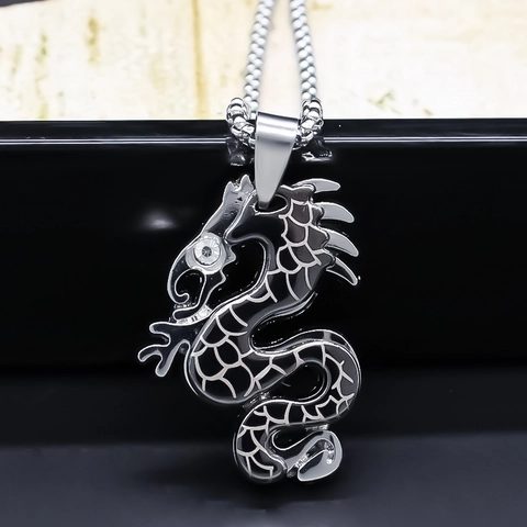 Vintage Alloy Dragon Pendant Necklace For Men Women Silver Rhinestone Eye Chinese Style Box Chain Hip Hop Punk Jewelry Gift