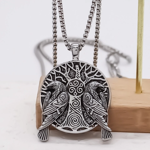 Wiking Lebensbaum Rabe Anhänger Halskette Für Herren Damen Vintage Legierung Keltischer Knoten Runde Medaille Halskette