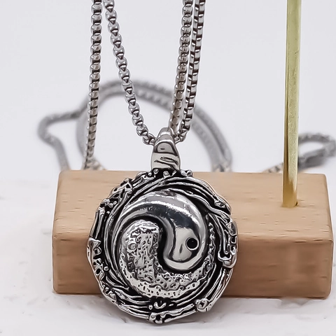 Vintage Legering Tai Chi Yin Yang Hanger Halsketting Chinese Stijl Zilver Reliëf Rond Boxketting Voor Heren Dames