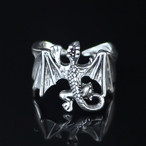 Retro Punk Dragon Open Ring For Men Personalized Gothic Silver Color Alloy Adjustable Animal Wing Hip Hop Jewelry Gift