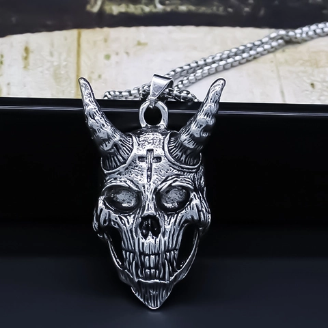 Punk Gothic Demon Schedel Hanger Halsketting Met Hoorns Kruis Legering Vintage Zilver Hip Hop Box Ketting Mannen Unisex Sieraden