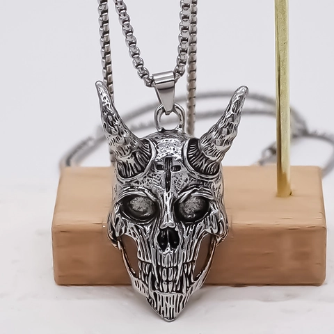 Punk Gothic Demon Schedel Hanger Halsketting Met Hoorns Kruis Legering Vintage Zilver Hip Hop Box Ketting Mannen Unisex Sieraden