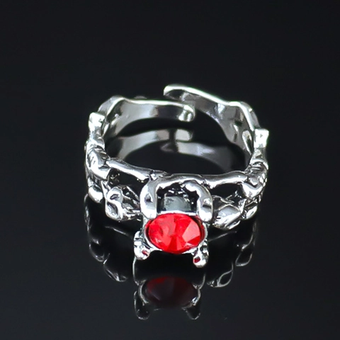 Vintage Gothic Skull Alloy Ring For Men Women Red Rhinestone Inlaid Open Adjustable Punk Skeleton Finger Ring Jewelry