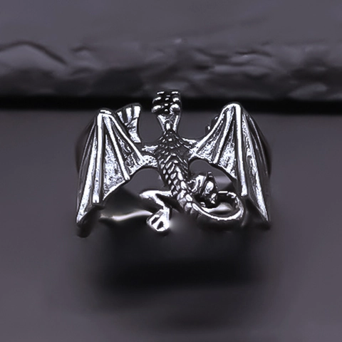 Retro Punk Dragon Open Ring For Men Personalized Gothic Silver Color Alloy Adjustable Animal Wing Hip Hop Jewelry Gift