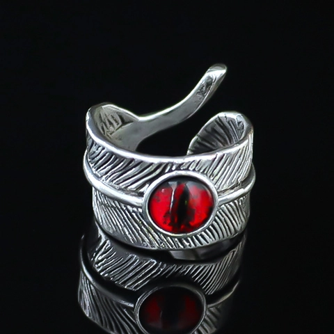 Anello Aperto a Piuma Vintage da Uomo Stile Punk Gotico Con Pupilla Rossa Malocchio in Lega Strass Regolabile Gioielli