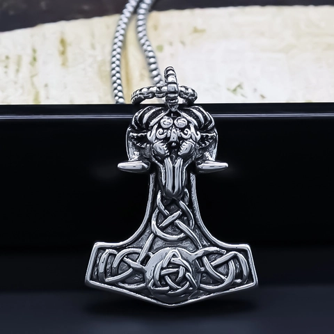 Collana con Pendente Martello di Thor Mjölnir Mitologia Norrena Vichinga Retro Punk Lega Galvanica Nodo Celtico Ariete Gioielli