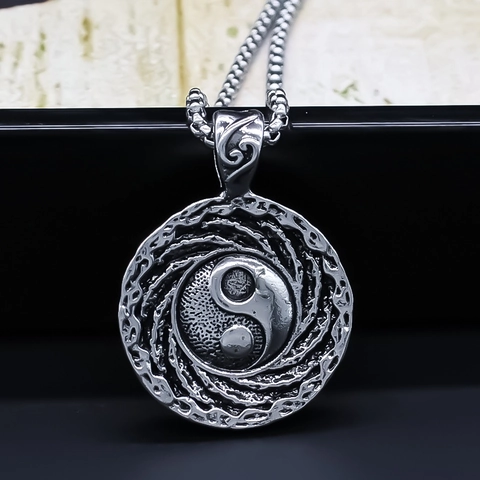 Chinese Style Tai Chi Yin Yang Pendant Necklace Vintage Alloy Round Spiral Pattern Distressed Silver Jewelry Gift For Men Women