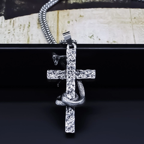 Gothic Snake Wrapped Cross Pendant Necklace Antique Silver Alloy Punk Dark Style Retro Jewelry Accessory For Men Women