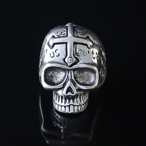 Vintage Gothic Skull Ring For Men Adjustable Open Ring With Cross Anchor Relief Engraved Script Alloy Punk Rock Jewelry