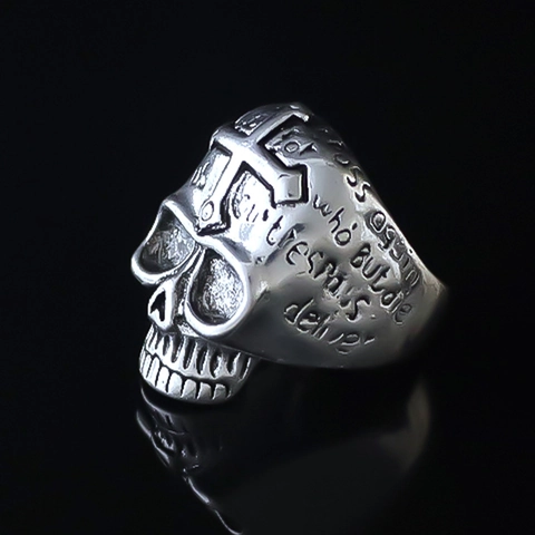 Vintage Gothic Skull Ring For Men Adjustable Open Ring With Cross Anchor Relief Engraved Script Alloy Punk Rock Jewelry