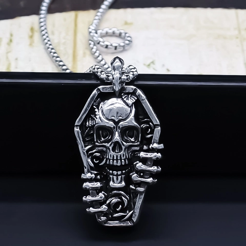 Collana con Ciondolo a Forma di Bara di Scheletro Punk Gotico per Uomo Donna Lega d'Argento Vintage Teschio Rosa Gioielli Hip Hop