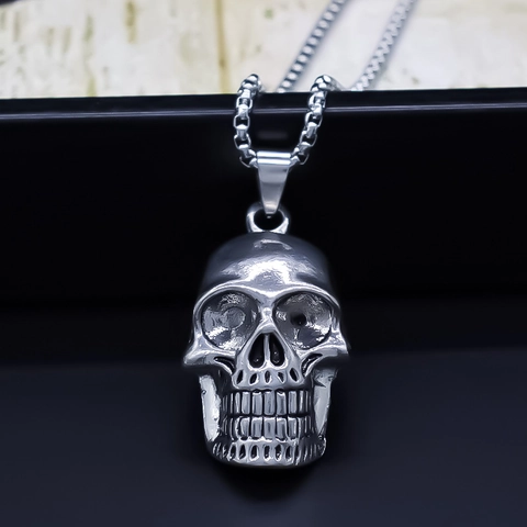 Vintage Alloy Skull Pendant Necklace For Men Women Gothic Hip Hop Punk Box Chain Retro Silver Tone Fashion Jewelry