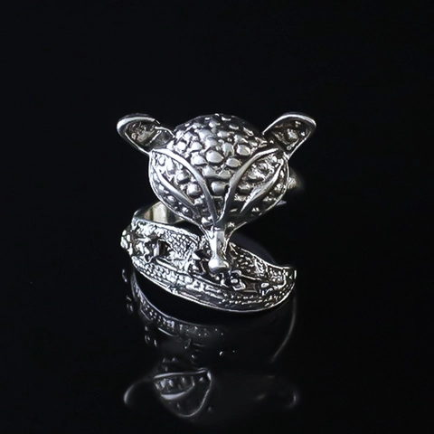 Vintage Fox Head Adjustable Open Ring For Men Punk Hip Hop Carved Texture Alloy Silver Color Animal Finger Ring Jewelry Gift