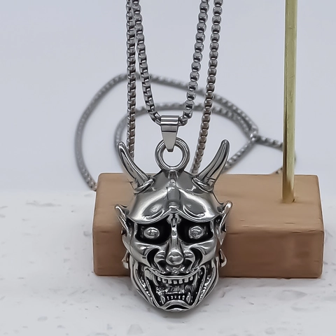 Vintage Gothic Hannya Maske Anhänger Halskette Für Herren Retro Legierung Galvanisierte Teufelsgesicht Kette Halloween Schmuck