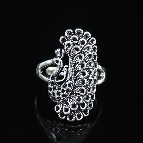 Vintage Peacock Open Adjustable Ring Antique Silver Hollow Out Animal Totem Ethnic Bohemian Finger Ring Jewelry For Men Women