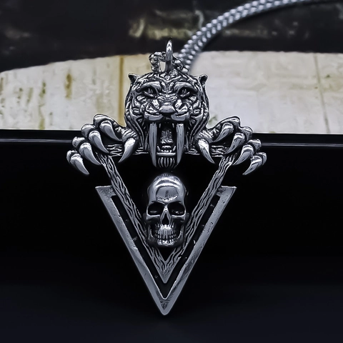 Collar con Colgante de Cabeza de Tigre y Calavera Gótico para Hombre Mujer Hip Hop Punk Aleación Plateada Joyería Regalo