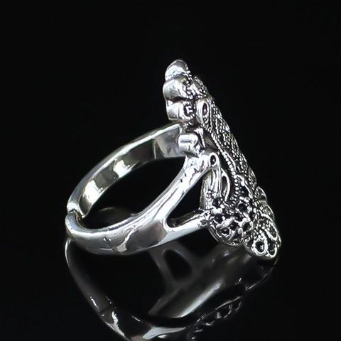 Vintage Peacock Open Adjustable Ring Antique Silver Hollow Out Animal Totem Ethnic Bohemian Finger Ring Jewelry For Men Women