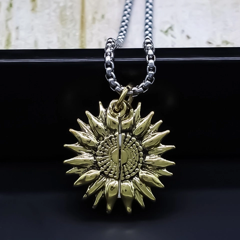 Collier Médaillon Tournesol en Alliage Vintage Avec Pendentif Gravé You Are My Sunshine Chaîne Box pour Bijoux Mode Femme Cadeau