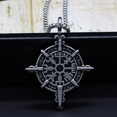 Collar con Colgante de Brújula Vikinga Retro Runa Nórdica de Aleación de Metal Cadena de Suéter Bagua para Hombre Mujer Plata