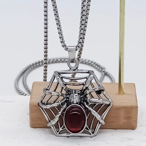 Collana con Pendente a Ragnatela Esagonale Punk Gotica per Uomo Donna Lega Strass Rosso Catena Box Gioielli Streetwear