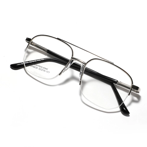 Semi Rimless Stainless Steel Optical Glasses Frame Double Bridge Retro Pilot Square Eyeglasses Frame For Men Women