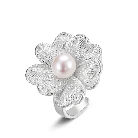 S925 Sterling Silver Hand Brushed Orchid Open Ring With Natural Freshwater Pearl Vintage Elegant Adjustable Finger Jewelry