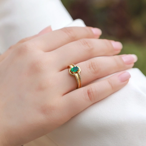 Vintage S925 Sterling Zilveren Vergulde Smaragd Ring Voor Dames Handgeborsteld Strass Ingelegd Vinger Sieraden