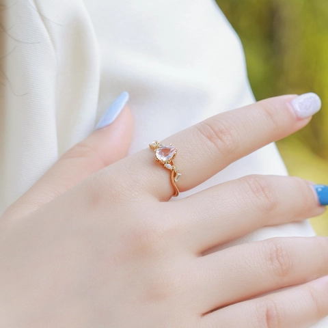 925 Sterling Silver Gold Plated Adjustable Ring Pink Crystal Pear Cut Rhinestone Luxury Fashion Jewelry For Women