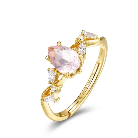 925 Sterling Silver Gold Plated Adjustable Ring Pink Crystal Pear Cut Rhinestone Luxury Fashion Jewelry For Women