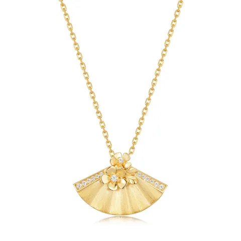 925 Sterling Silver Fan Shaped Necklace With Zirconia Flower Handmade Brushed Texture Gold Plated Vintage Jewelry For Women