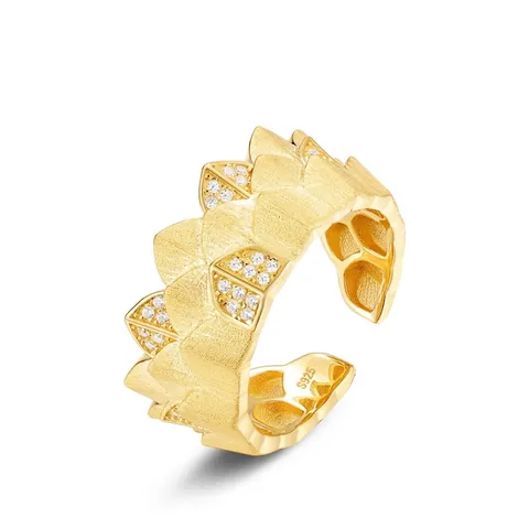 Vintage Crown Open Ring Women 925 Sterling Silver 10K Gold Plated Handcrafted Wire Drawing Zirconia Luxury Finger Ring