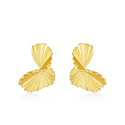 925 Sterling Silver Gold Plated Ginkgo Leaf Fan Stud Earrings For Women Handmade Brushed Texture Vintage Design Jewelry