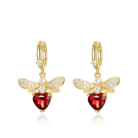 S925 Sterling Silver Bee Heart Natural Garnet Earrings Necklace Set Gold Plated Rhinestone Insect Jewelry For Women Romantic Gift