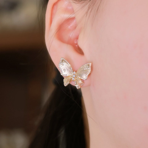Italian Handmade Brushed Butterfly Stud Earrings 925 Sterling Silver Champagne Gold Plated Rhinestone Jewelry For Women