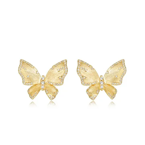 Italian Handmade Brushed Butterfly Stud Earrings 925 Sterling Silver Champagne Gold Plated Rhinestone Jewelry For Women