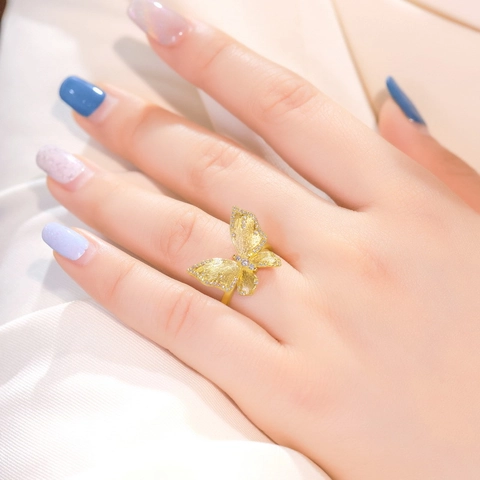 Vintage Vlinder S925 Sterling Zilver Verguld Verstelbare Open Ring Handgemaakt Geborstelde Textuur Zirconia Sieraden