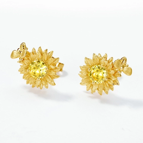925 Sterlingsilber Sonnenblume Biene Ohrstecker Gelber Zirkonia Eingelegt Gebürstete Textur Französisch Vintage Blume Ohrschmuck Damen